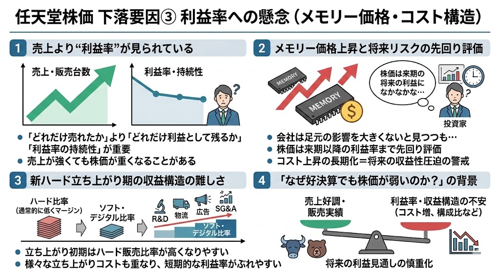 2025年高値から下落した主な理由③ 利益率への懸念（メモリー価格・コスト構造）