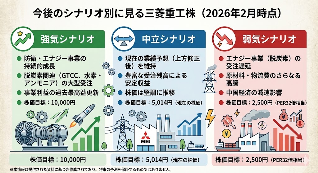 今後のシナリオ別に見る三菱重工株（強気・中立・弱気）