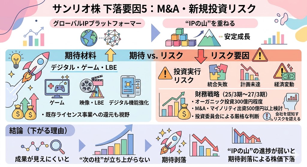 サンリオ株が下がる理由5|M&Aや新規投資が期待どおり進まない可能性がある