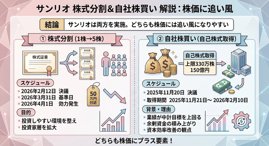 結論|サンリオは株式分割も自社株買いも実施しており、どちらも株価には追い風になりやすい