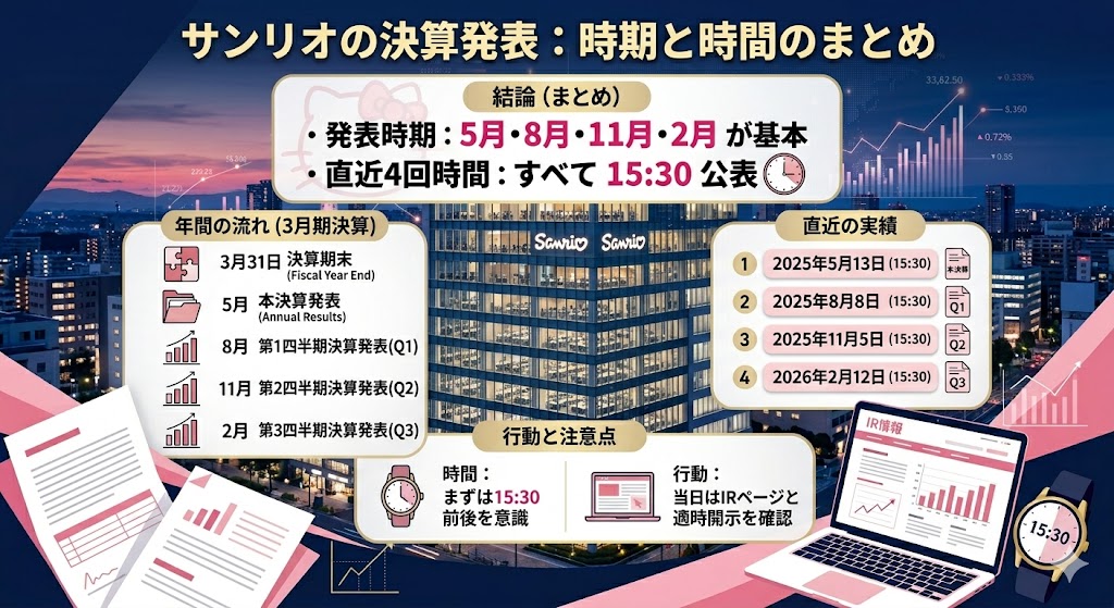 結論|サンリオの決算は「5月・8月・11月・2月」が基本、直近は15:30公表が続く