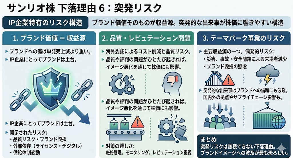 サンリオ株が下がる理由6|ブランド毀損やテーマパーク事故・災害など突発リスクがある