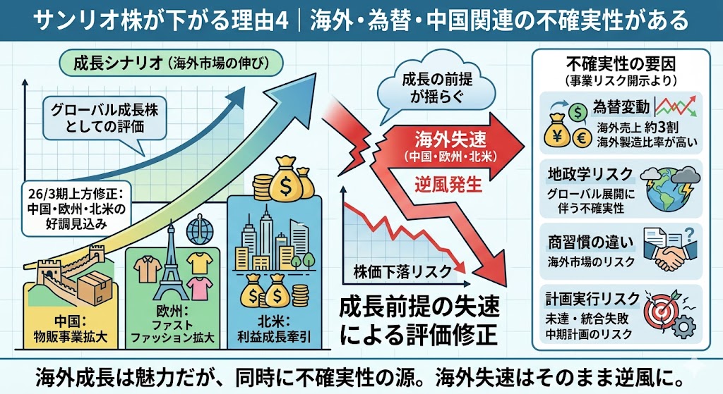 サンリオ株が下がる理由4|海外・為替・中国関連の不確実性がある
