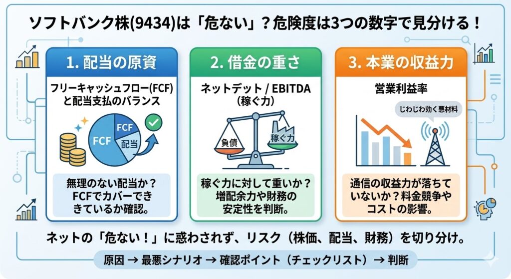 結論｜ソフトバンク株（9434）は「危ない」と言われるが、危険度は“3つの数字”で見分けられる