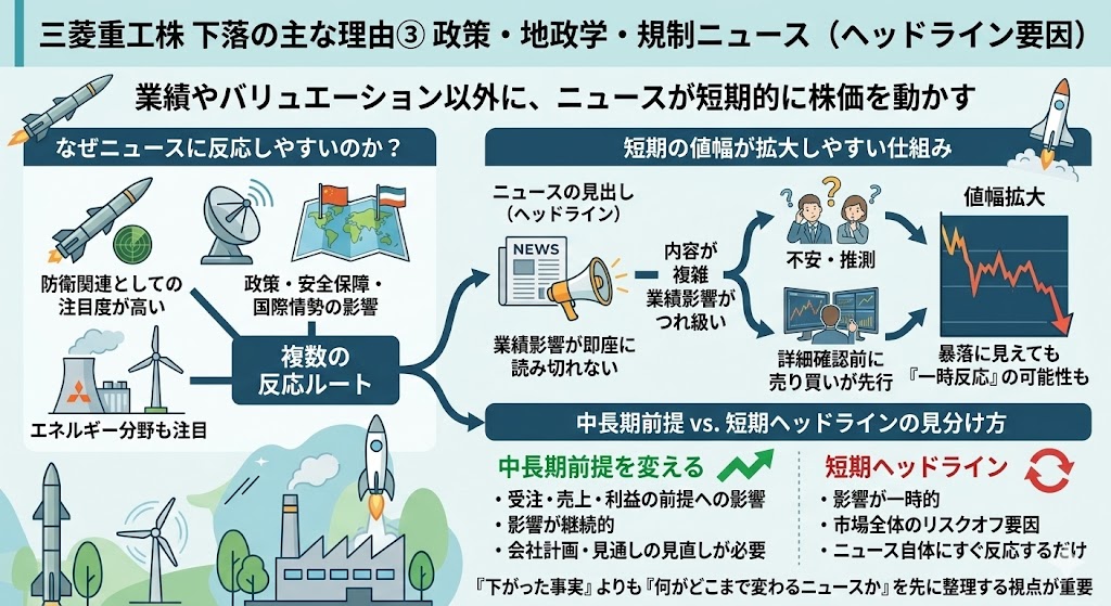 三菱重工株が下落する主な理由③ 政策・地政学・規制ニュース（ヘッドライン要因）