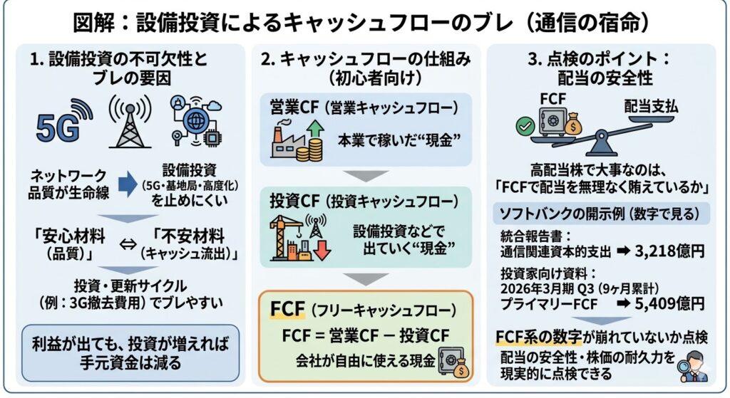 「危ない」と言われる理由③｜設備投資（5G/高度化）でキャッシュフローがブレやすい