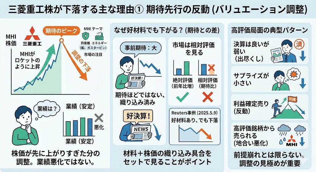 三菱重工株が下落する主な理由① 期待先行の反動（バリュエーション調整）