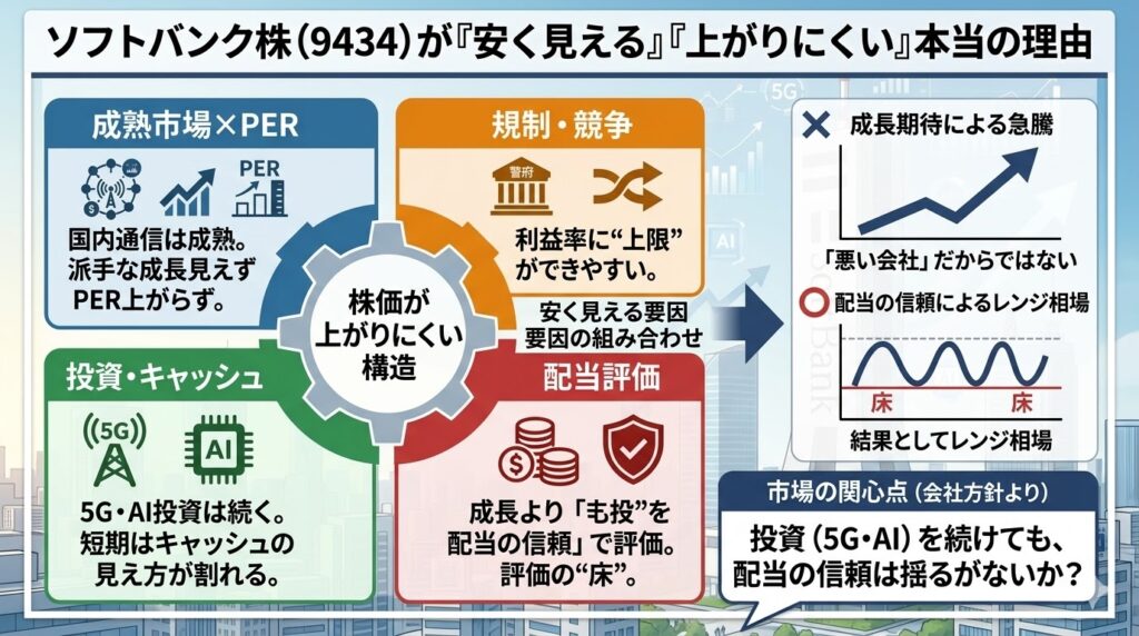 結論｜ソフトバンク（9434）が“安く見えやすい”のは「成熟×規制×投資×配当評価」の組み合わせ