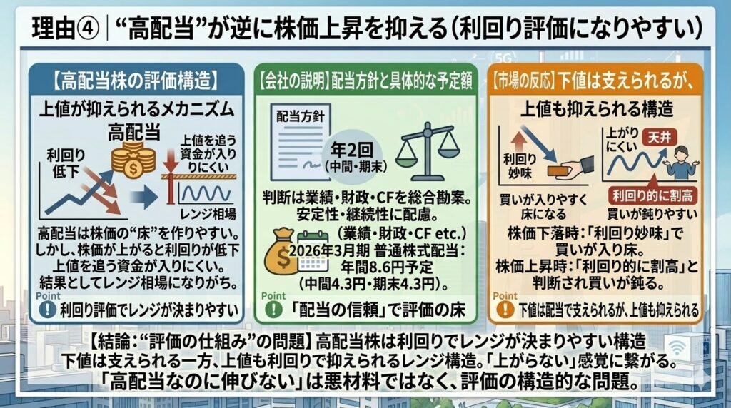 理由④｜“高配当”が逆に株価上昇を抑える（利回り評価になりやすい）