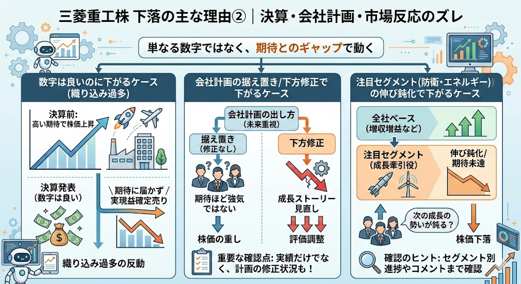三菱重工株が下落する主な理由② 決算・会社計画・市場反応のズレ