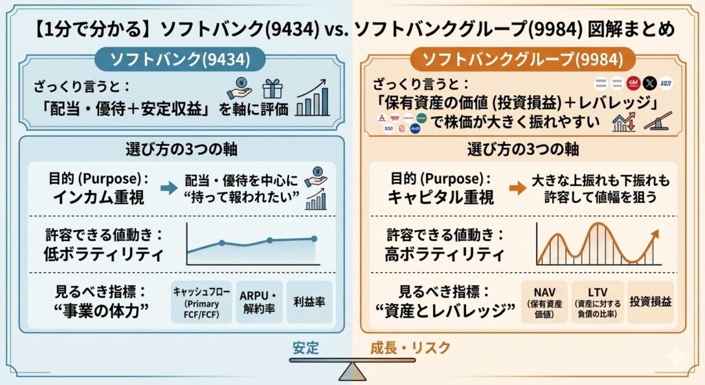 1分で分かる結論｜ソフトバンク（9434）は“配当・安定”、ソフトバンクグループ（9984）は“資産価値・ボラ”