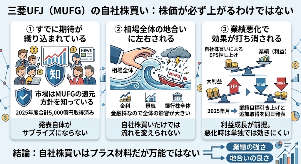 ただし、自社株買いをしても株価が必ず上がるわけではない