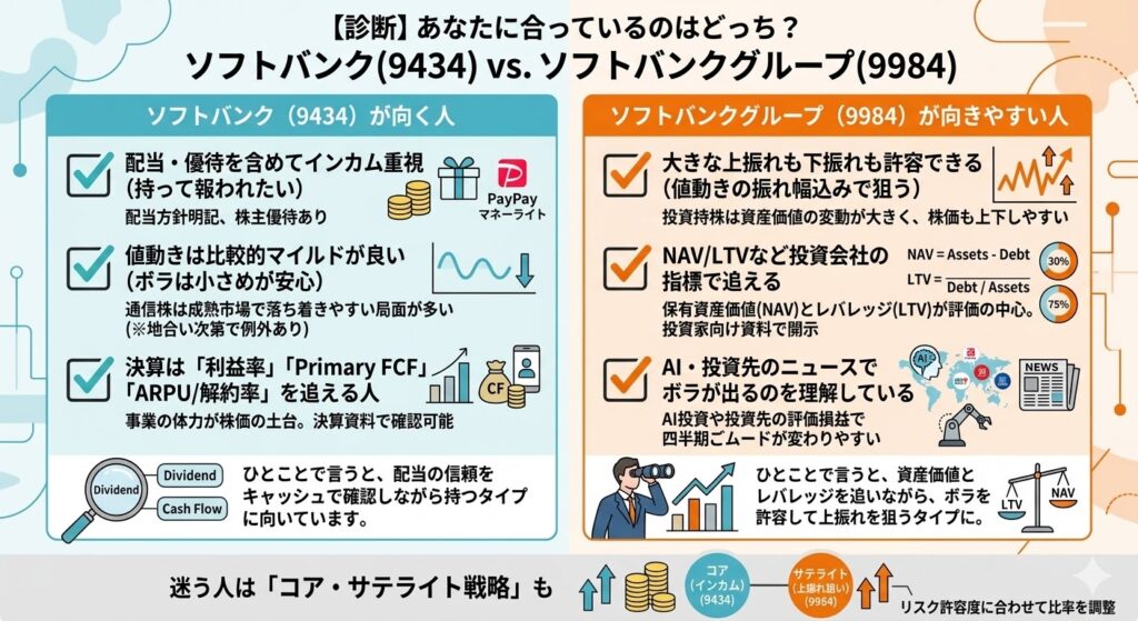 【投資スタイル別】ソフトバンク（9434）vsソフトバンクグループ（9984）の向いている人