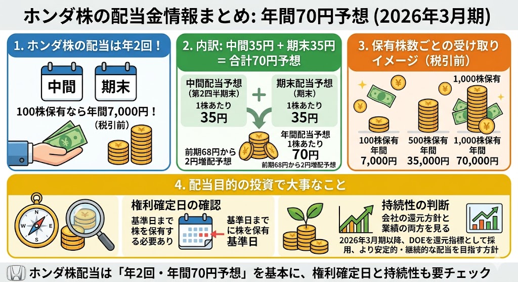 結論:ホンダ株の配当は年2回、2026年3月期予想は年間70円