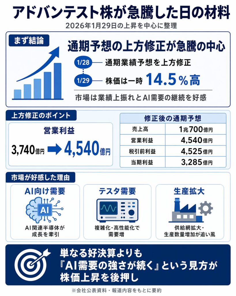 直近でアドバンテストの株価が急騰した日の材料を整理