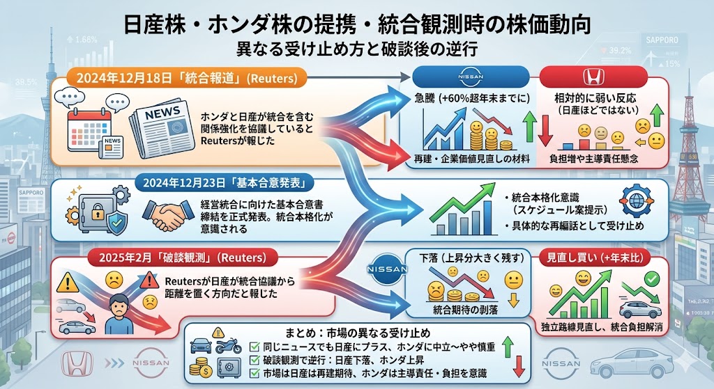 日産株とホンダ株は提携・統合観測でどう動いたか