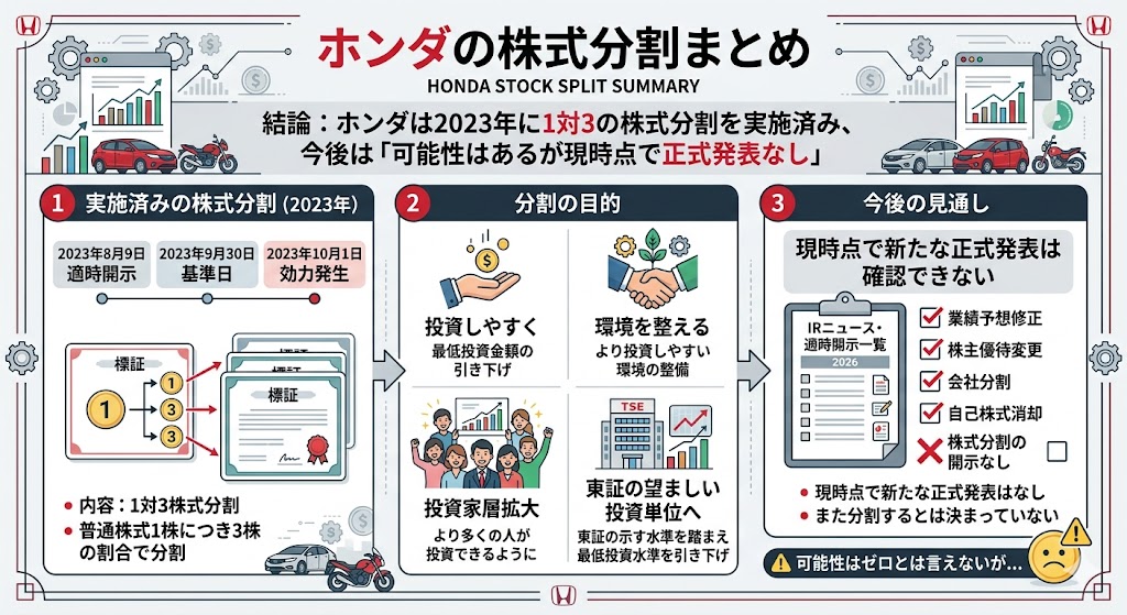 結論：ホンダは2023年に1対3の株式分割を実施済み、今後は「可能性はあるが現時点で正式発表なし」