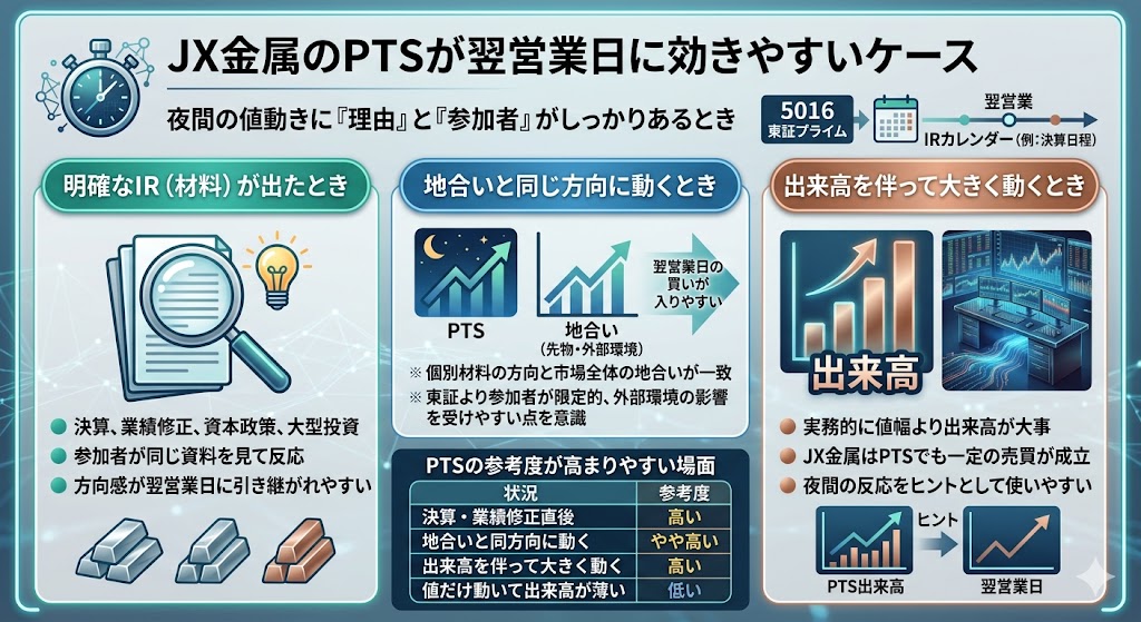 JX金属のPTSが翌営業日に効きやすいケース