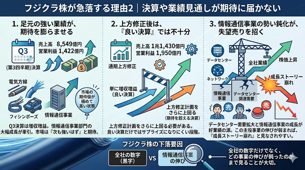 フジクラ株が急落する理由2|決算や業績見通しが期待に届かない