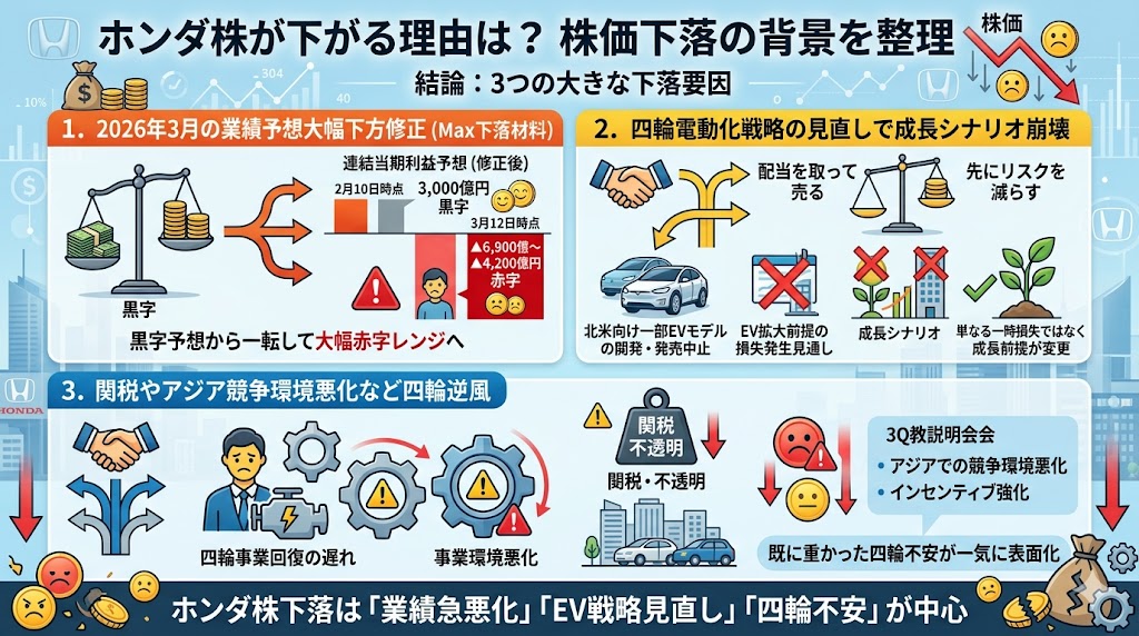 結論：ホンダ株が下がる理由は「業績予想の急悪化」「EV戦略見直し」「四輪不安」