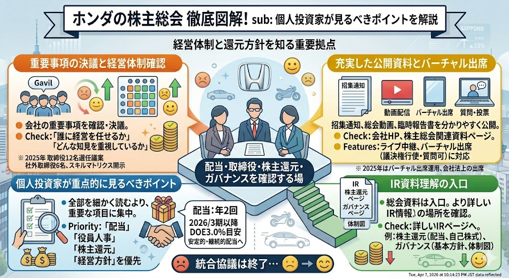 結論:ホンダの株主総会は「配当・取締役・株主還元・ガバナンス」を確認する場