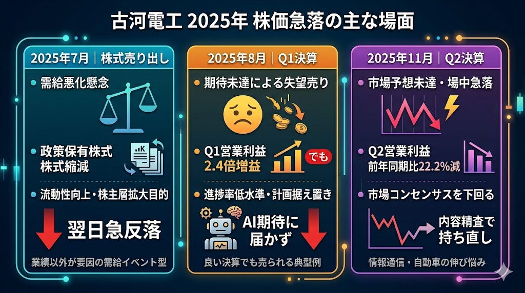 古河電工が急落した主な場面はいつ?