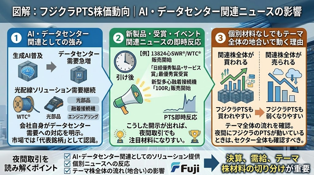 フジクラのPTS株価が上がる・下がる理由3|AI・データセンタ関連のニュース