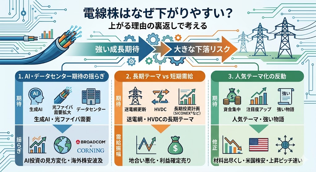 電線株はなぜ下がりやすい？上がる理由の裏返しで考える