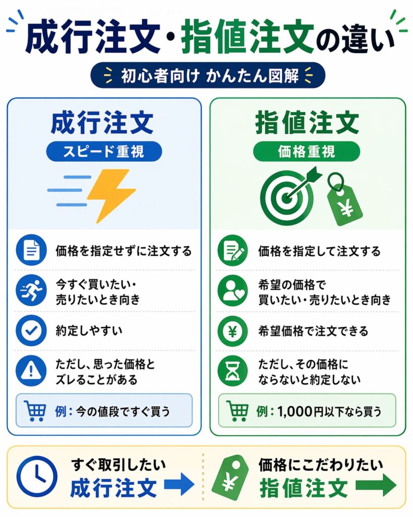 注文方法は、初心者ならまず成行と指値だけ知っておけば十分です。