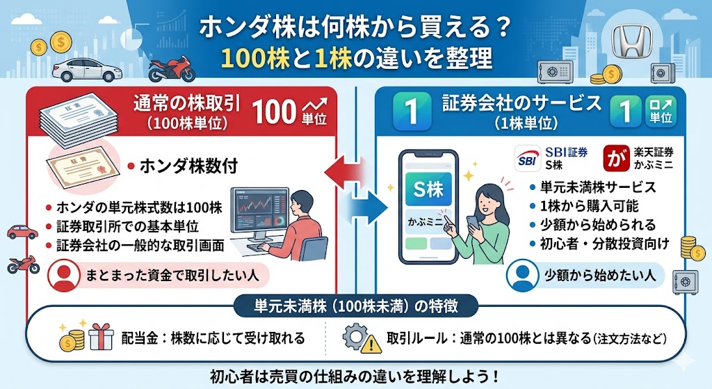 ホンダ株は何株から買える?100株と1株の違いを整理
