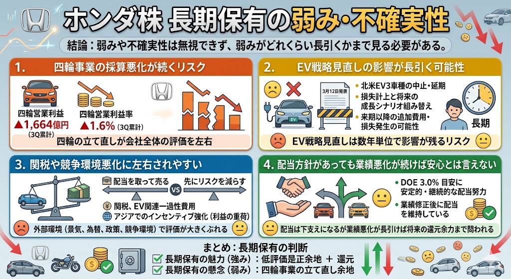 ホンダ株を長期保有で見る弱みは何か