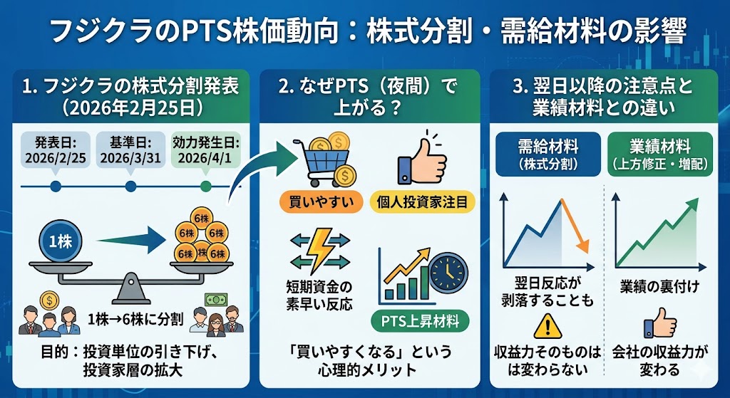 フジクラのPTS株価が上がる・下がる理由2|株式分割や需給材料