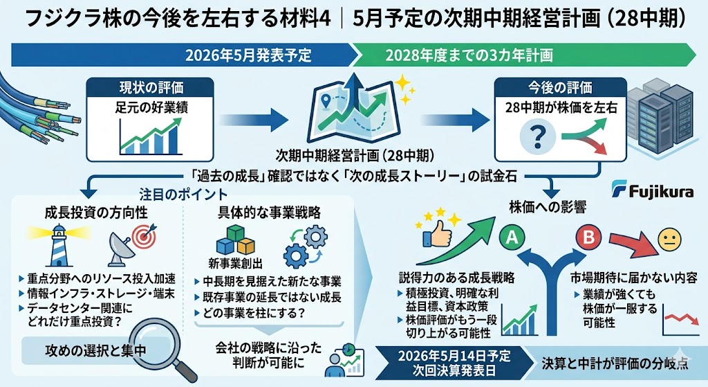フジクラ株の今後を左右する材料4｜5月予定の次期中期経営計画（28中期）