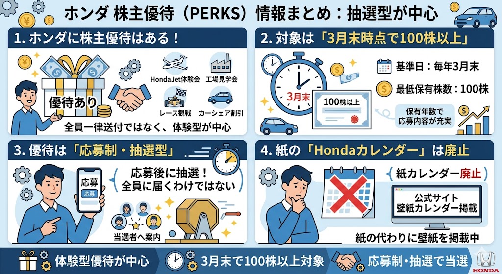 結論:ホンダに株主優待はあるが、抽選型の体験優待が中心