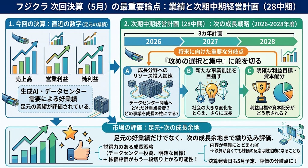 フジクラの次回決算で特に重要な論点|5月は28中期も注目