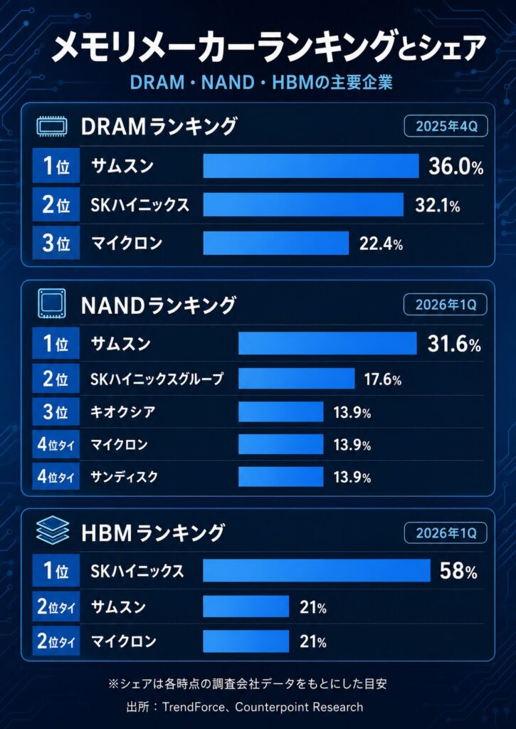 メモリメーカーランキングとシェア率
