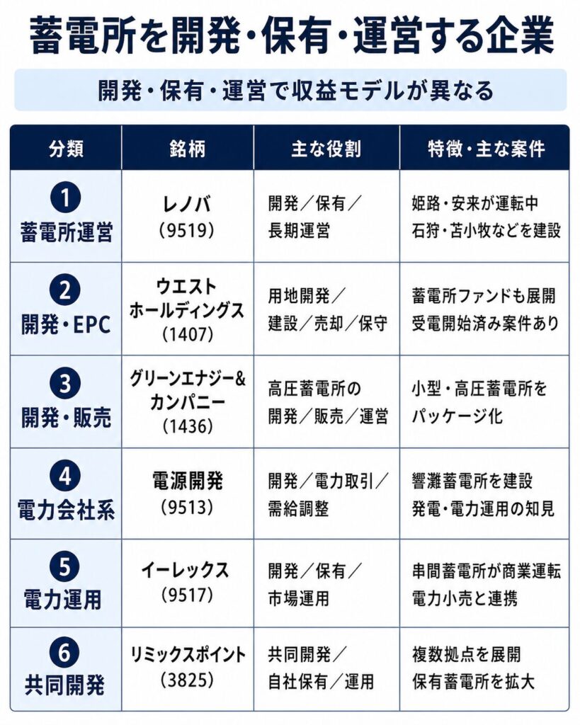 蓄電所を開発・保有・運営する企業