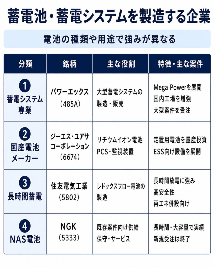 蓄電池・蓄電システムを製造する企業