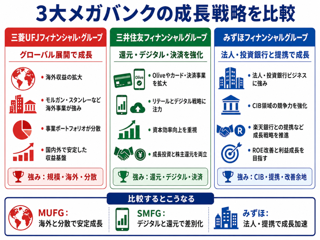 3大メガバンクの成長戦略を比較