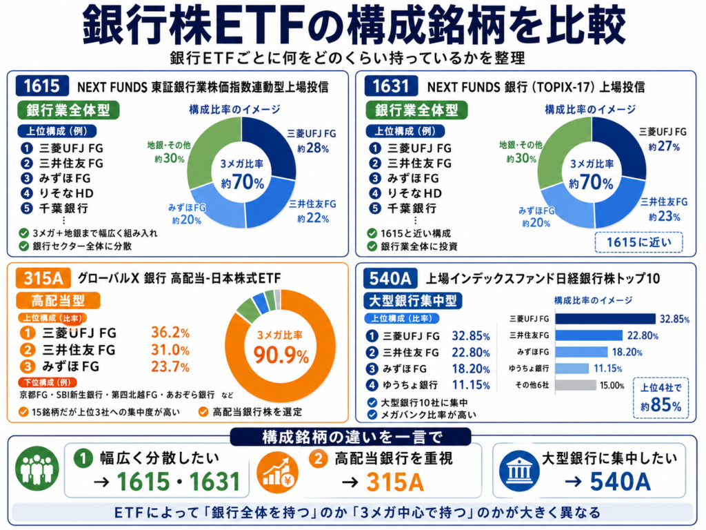 銀行株ETFの構成銘柄を比較